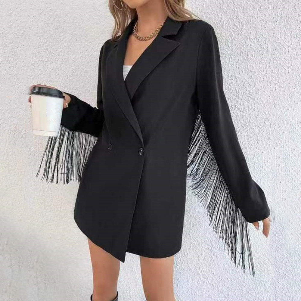 Long Sleeve Plain Notched Lapel Double-Breasted Mid-Length Women's Casual Blazer
