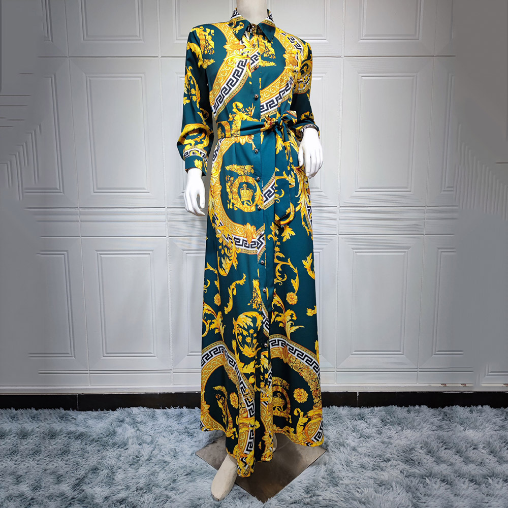 Long Sleeve Print Floor-Length Lapel High Waist Women's Dress