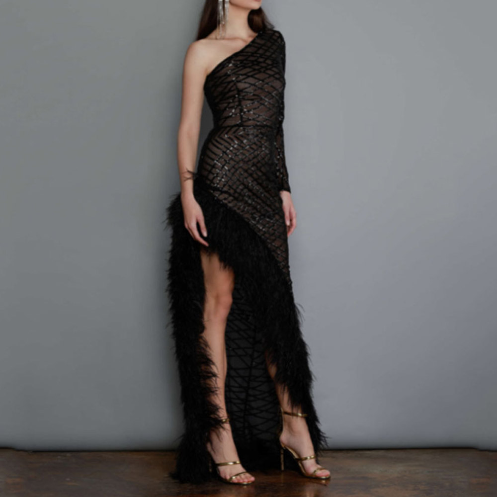 Long Sleeve Floor-Length Oblique Collar Feather Fashion Women's Dress