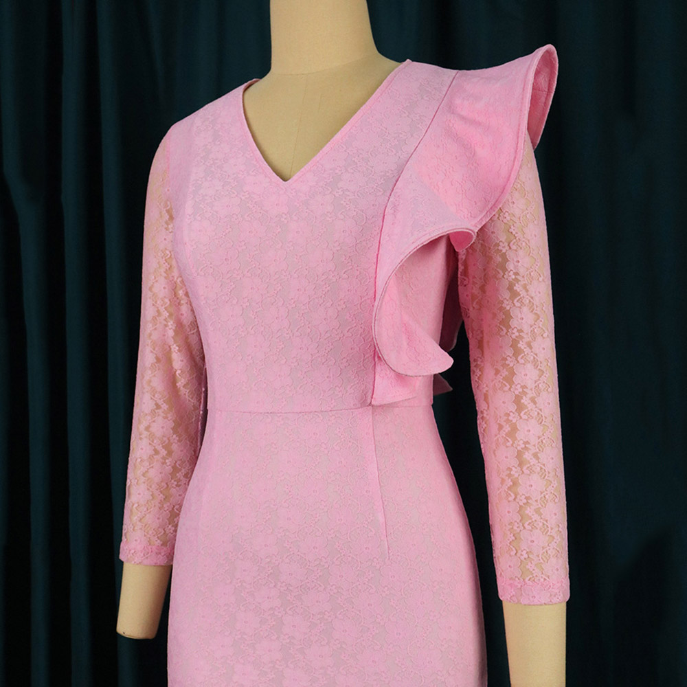Three-Quarter Sleeve Lace Mid-Calf V-Neck Plain Women's Dress