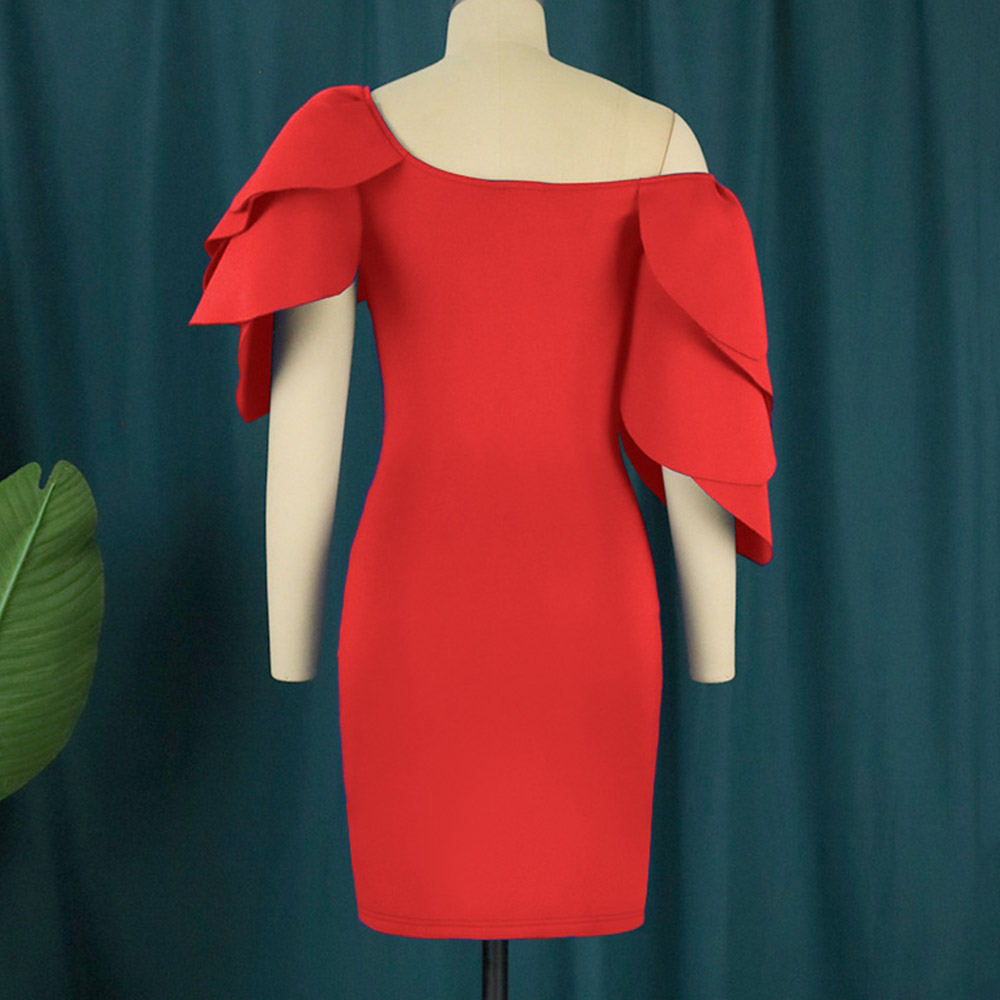 Falbala Three-Quarter Sleeve Mid-Calf Oblique Collar High Waist Women's Dress