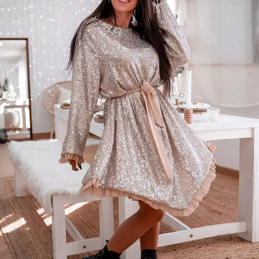 Round Neck Knee-Length Sequins Long Sleeve Office Lady Women's Dress