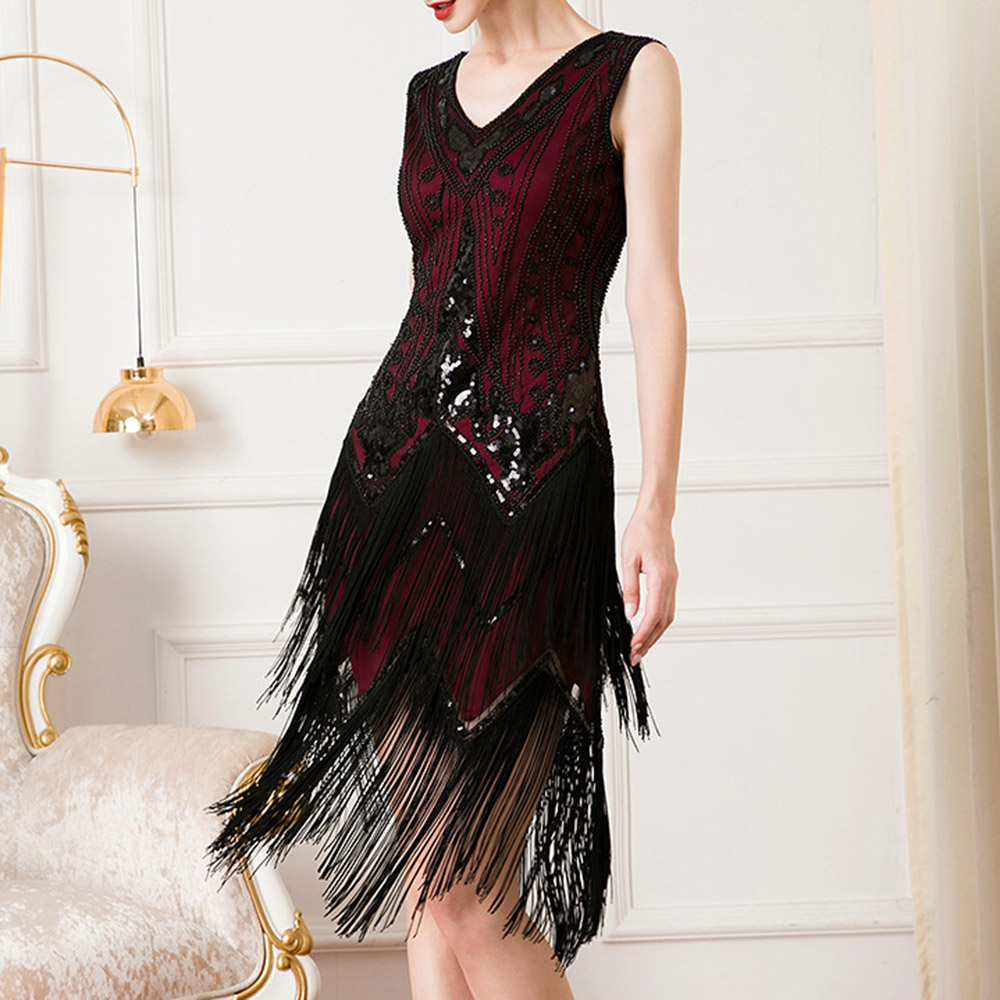 Sleeveless Tassel V-Neck Knee-Length High Waist Women's Dress