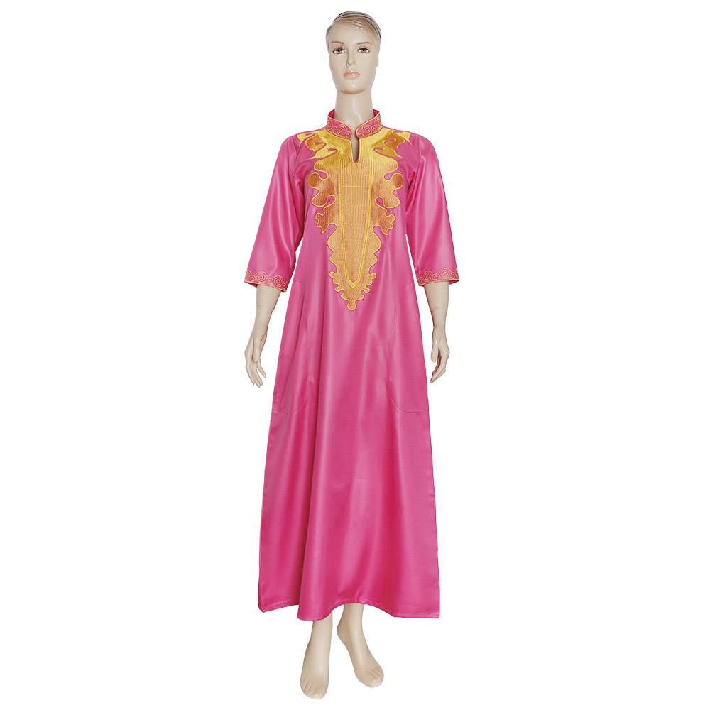 Three-Quarter Sleeve Embroidery Ankle-Length Stand Collar Pullover Women's Dress