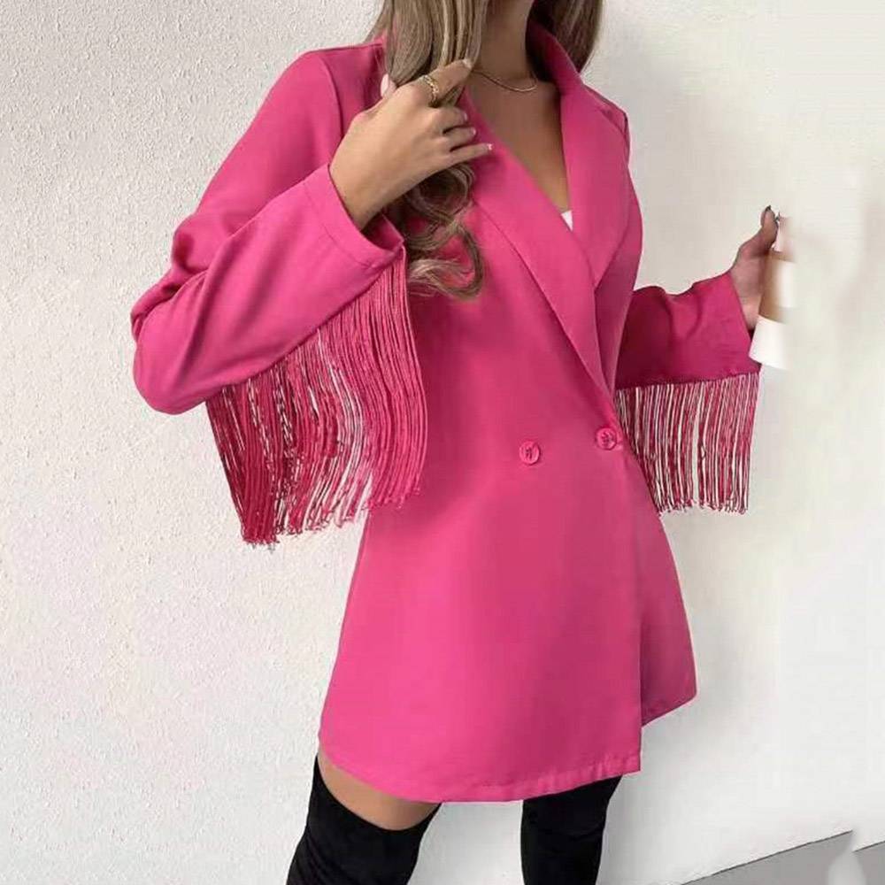 Long Sleeve Plain Notched Lapel Double-Breasted Mid-Length Women's Casual Blazer