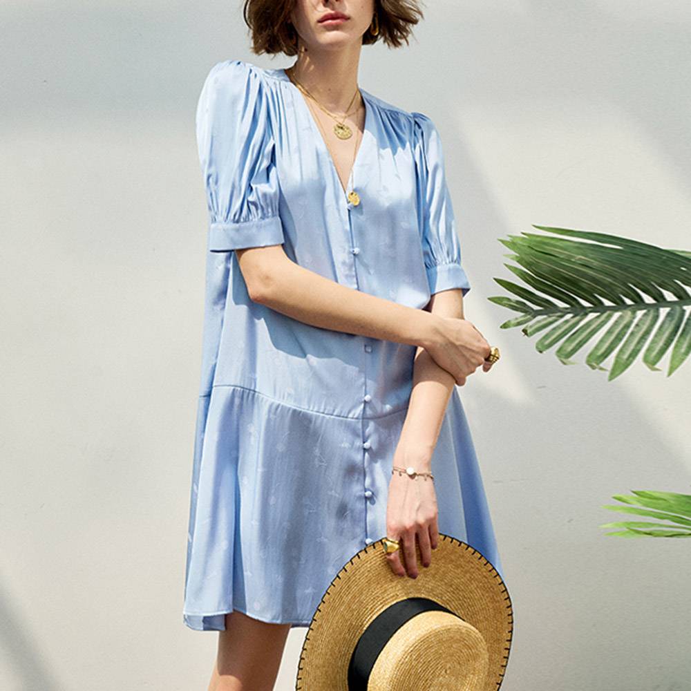 V-Neck Mid-Calf Short Sleeve Button Fashion Women's Dress