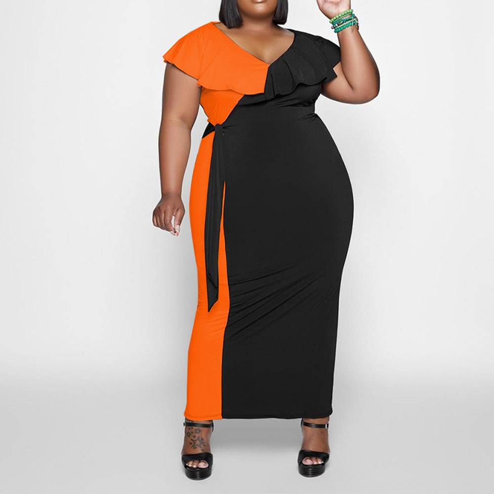 V-Neck Ankle-Length Short Sleeve Patchwork Office Lady Women's Dress