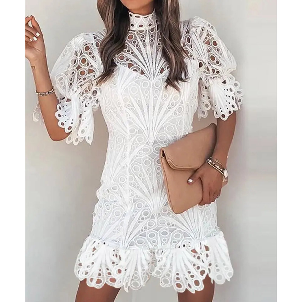 Above Knee Stand Collar Short Sleeve See-Through Fashion Women's Dress