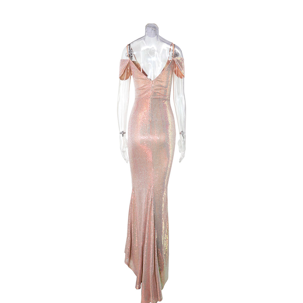 Sequins Floor-Length Short Sleeve V-Neck Mermaid Women's Dress