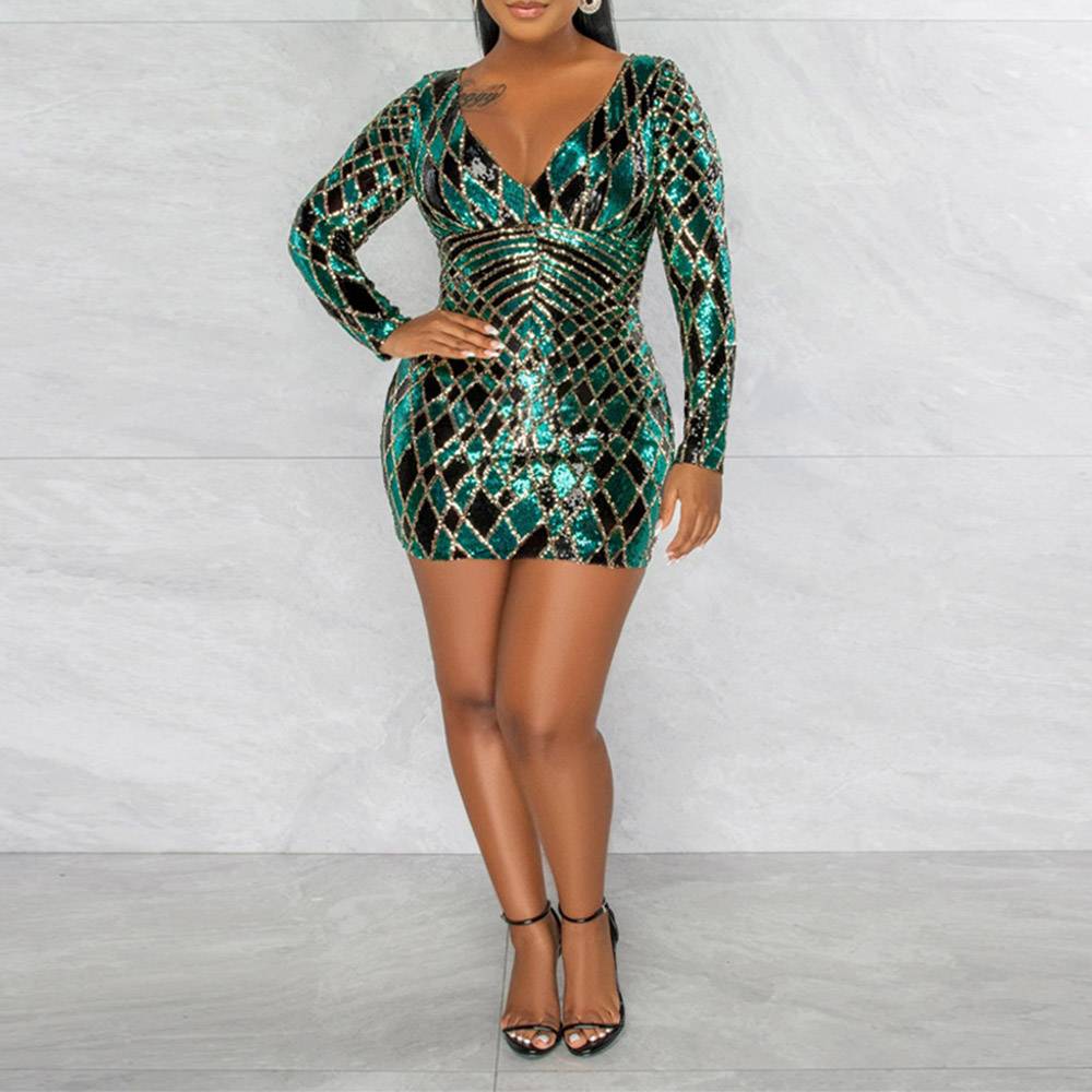 Above Knee Long Sleeve Sequins V-Neck Pullover Women's Dress