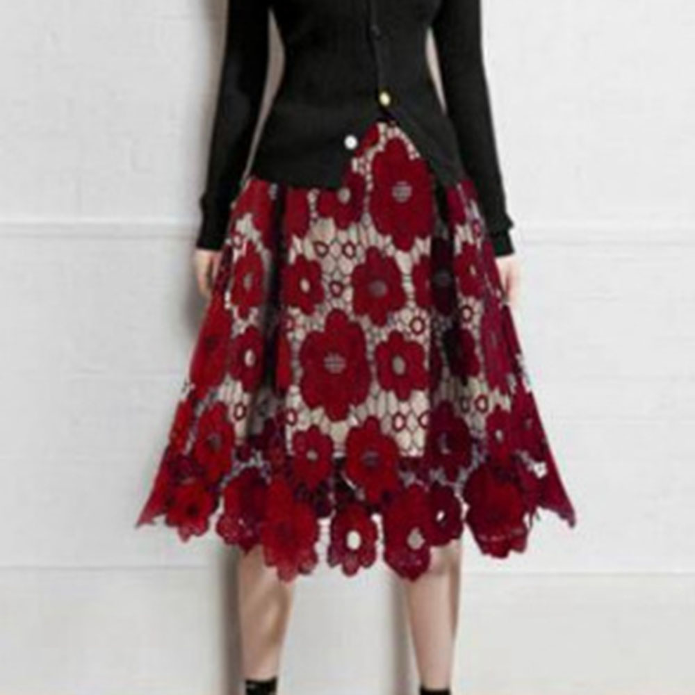 Mid-Calf Floral Lace A-Line Fashion Women's Skirt