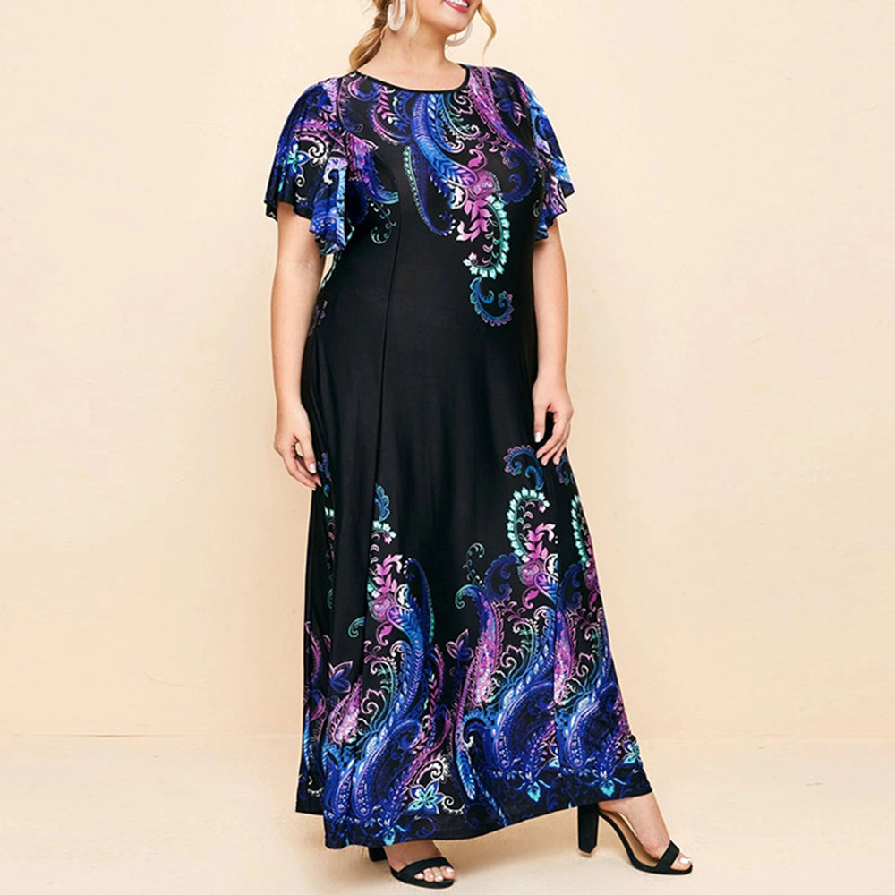 Print Round Neck Floor-Length Short Sleeve Floral Women's Dress