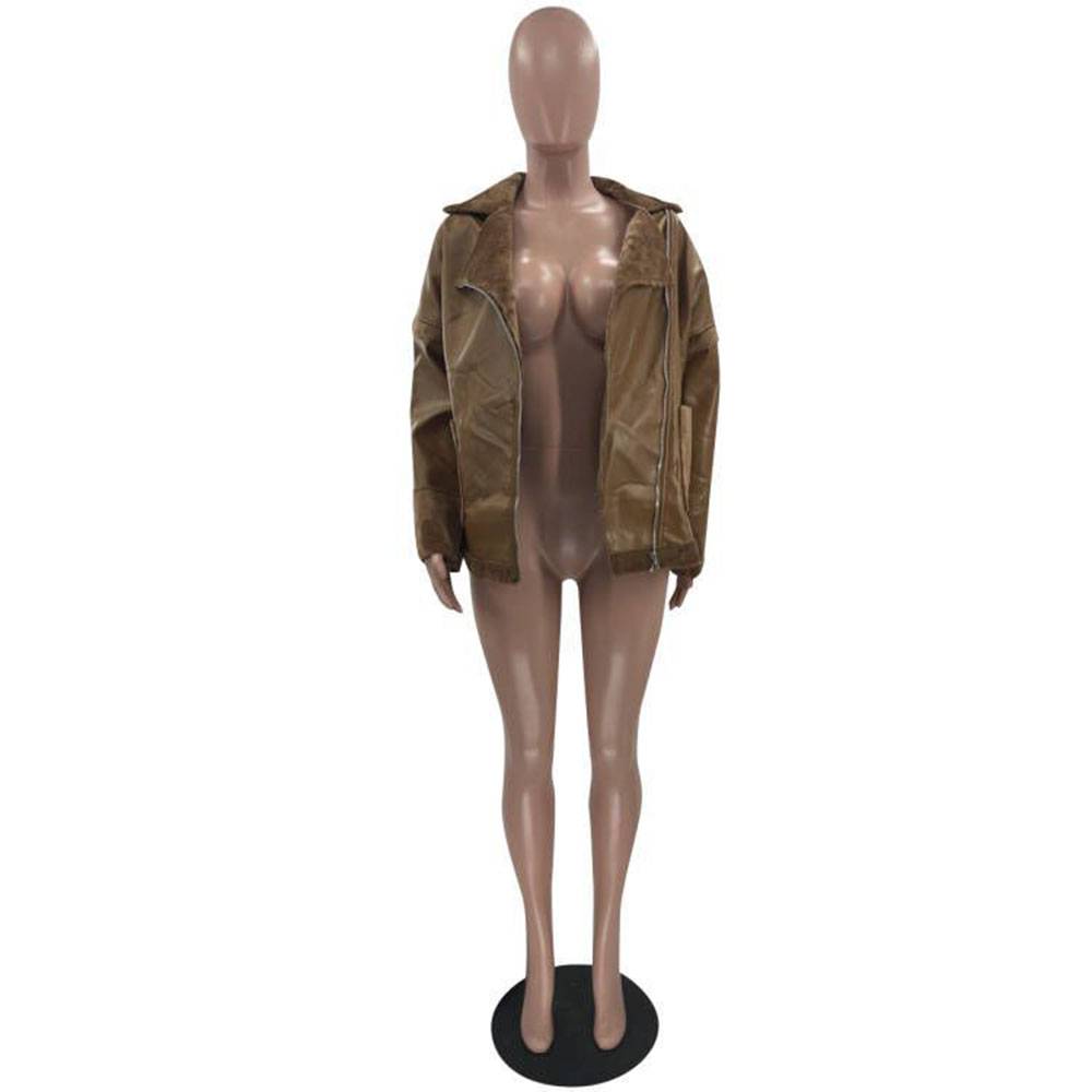 Straight PU Mid-Length Zipper Winter Women's PU Jacket