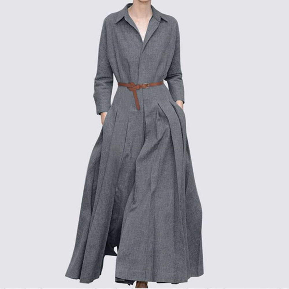 Pleated Lapel Ankle-Length Long Sleeve Pullover Women's Dress