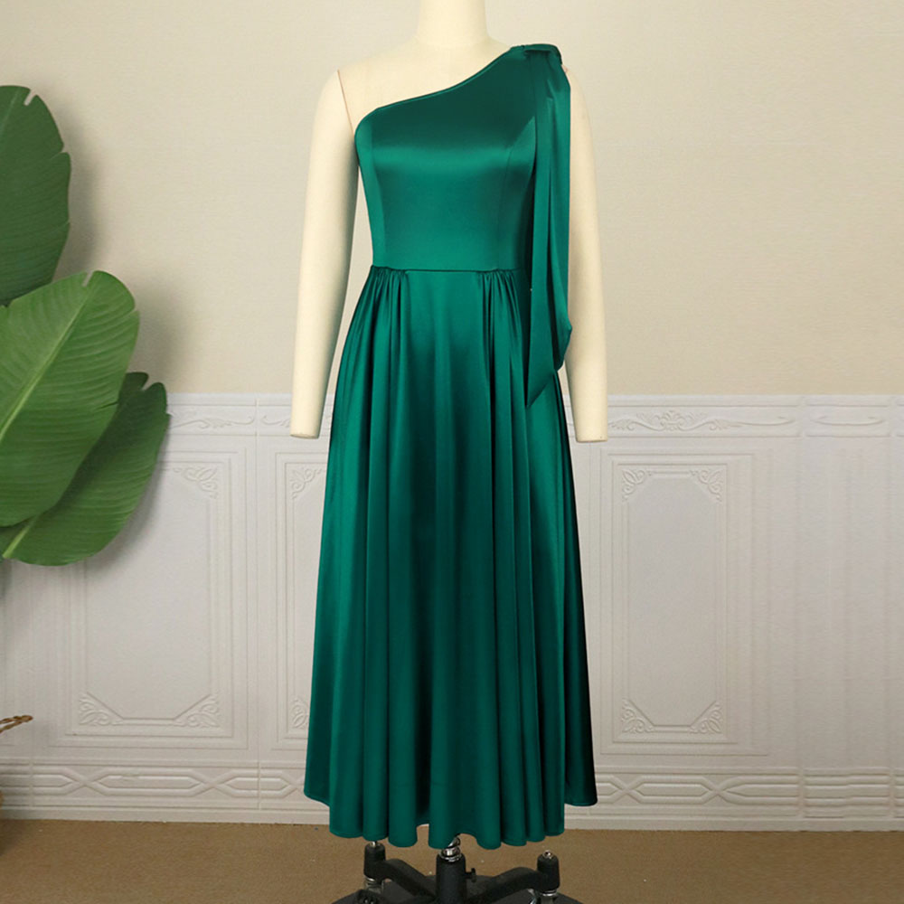 Long Sleeve Oblique Collar Mid-Calf Bowknot High Waist Women's Dress