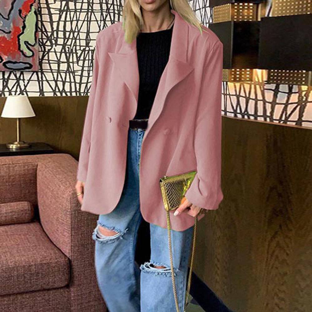 Long Sleeve Plain Notched Lapel Double-Breasted Fall Women's Casual Blazer