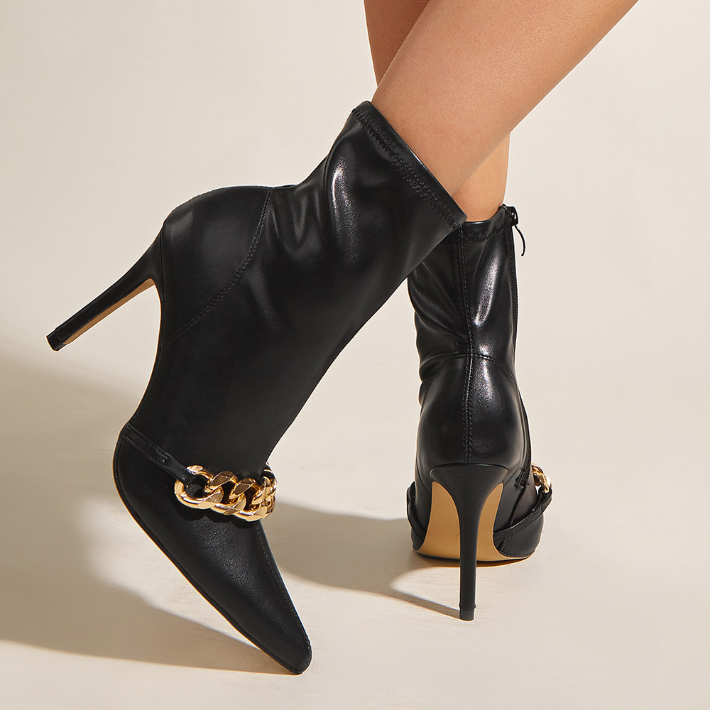 Side Zipper Pointed Toe Plain Chain Boots