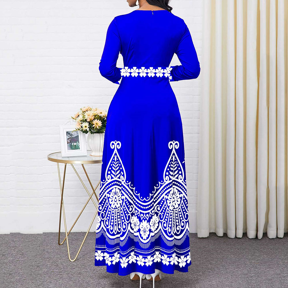 Round Neck Print Ankle-Length Long Sleeve Pullover Women's Dress