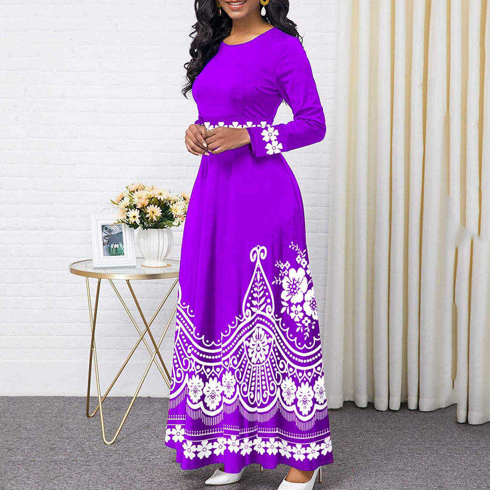 Round Neck Print Ankle-Length Long Sleeve Pullover Women's Dress