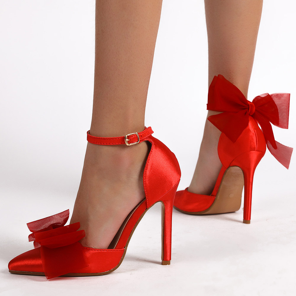 Line-Style Buckle Bow Pointed Toe Stiletto Heel Western Thin Shoes