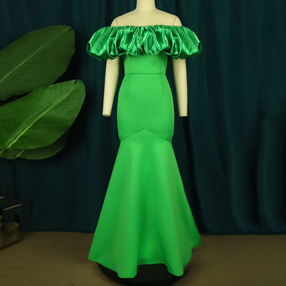 Pleated Short Sleeve Off Shoulder Floor-Length Plain Women's Dress