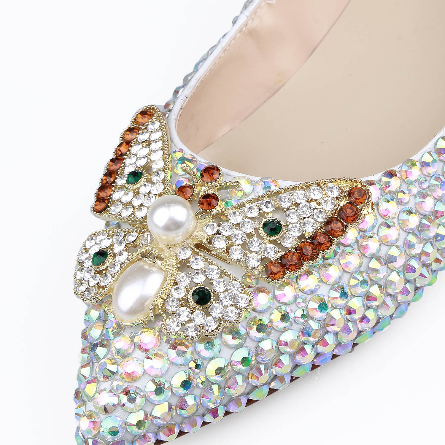 Block Heel Slip-On Pointed Toe Rhinestone Beads Banquet Thin Shoes