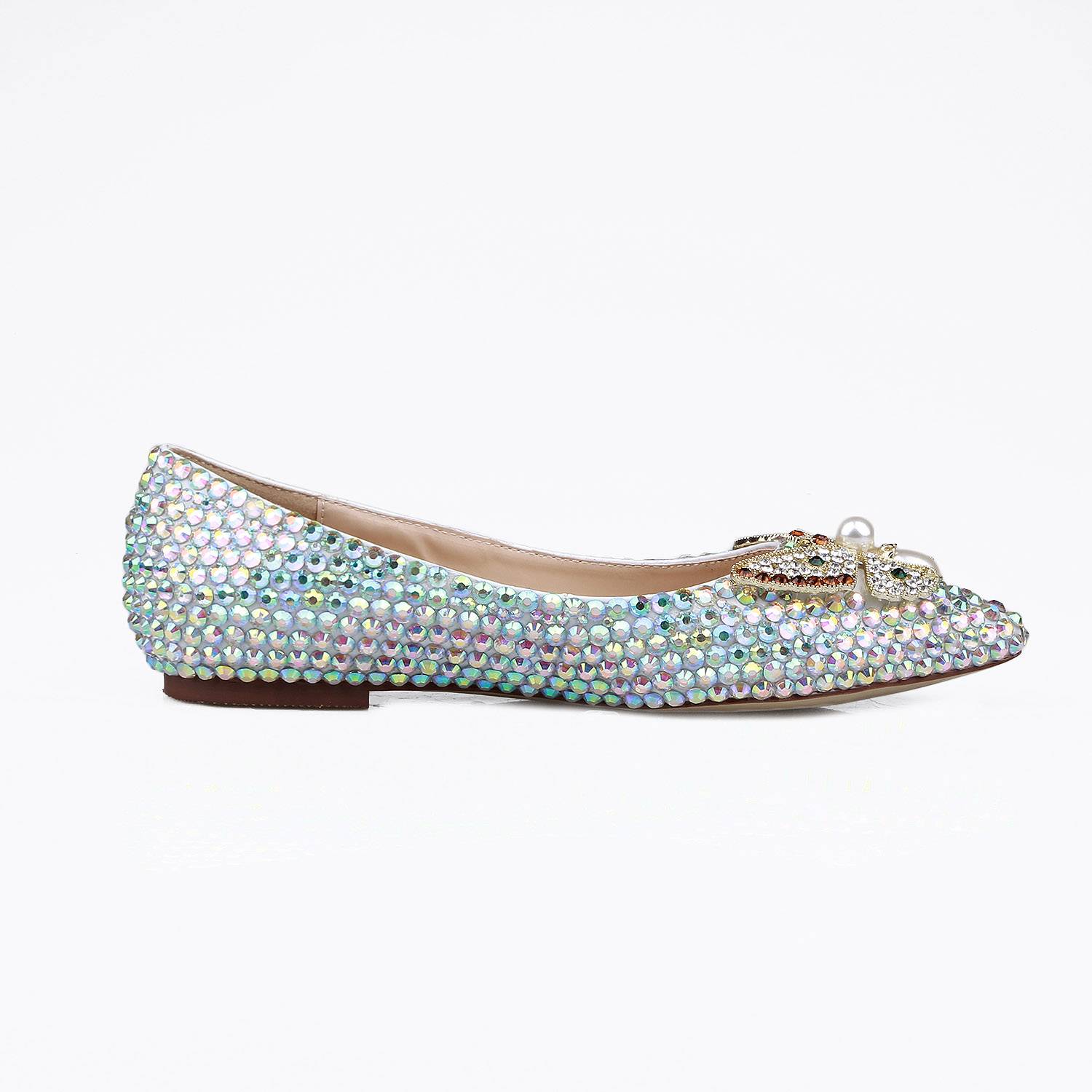 Block Heel Slip-On Pointed Toe Rhinestone Beads Banquet Thin Shoes