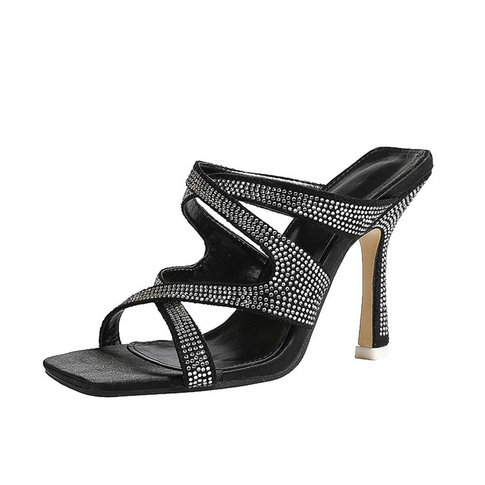 Stiletto Heel Cross Slip-On Rhinestone Summer Slippers