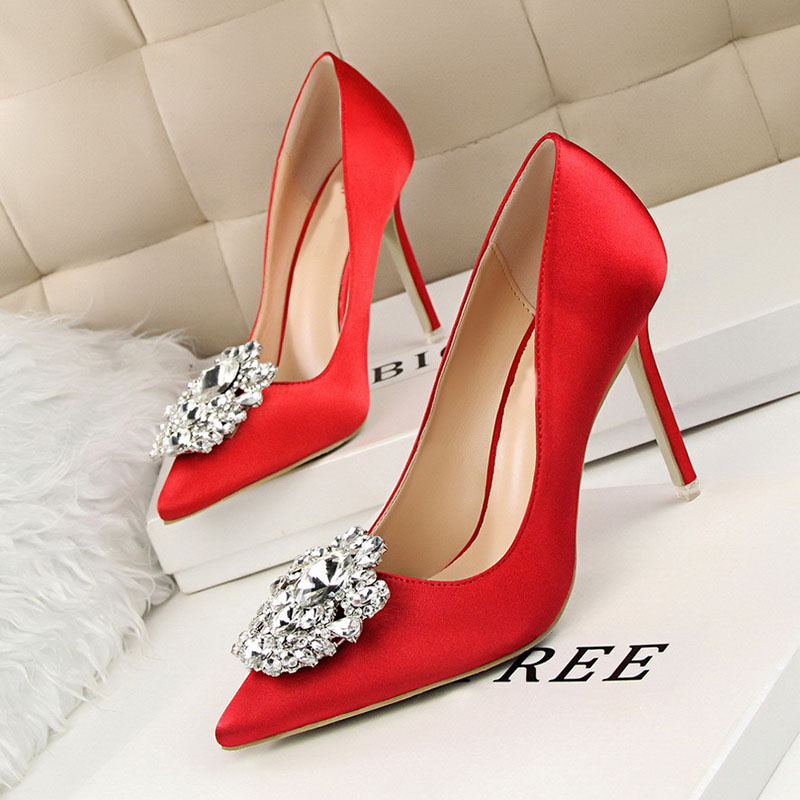 Stiletto Heel Slip-On Rhinestone Pointed Toe Banquet Thin Shoes