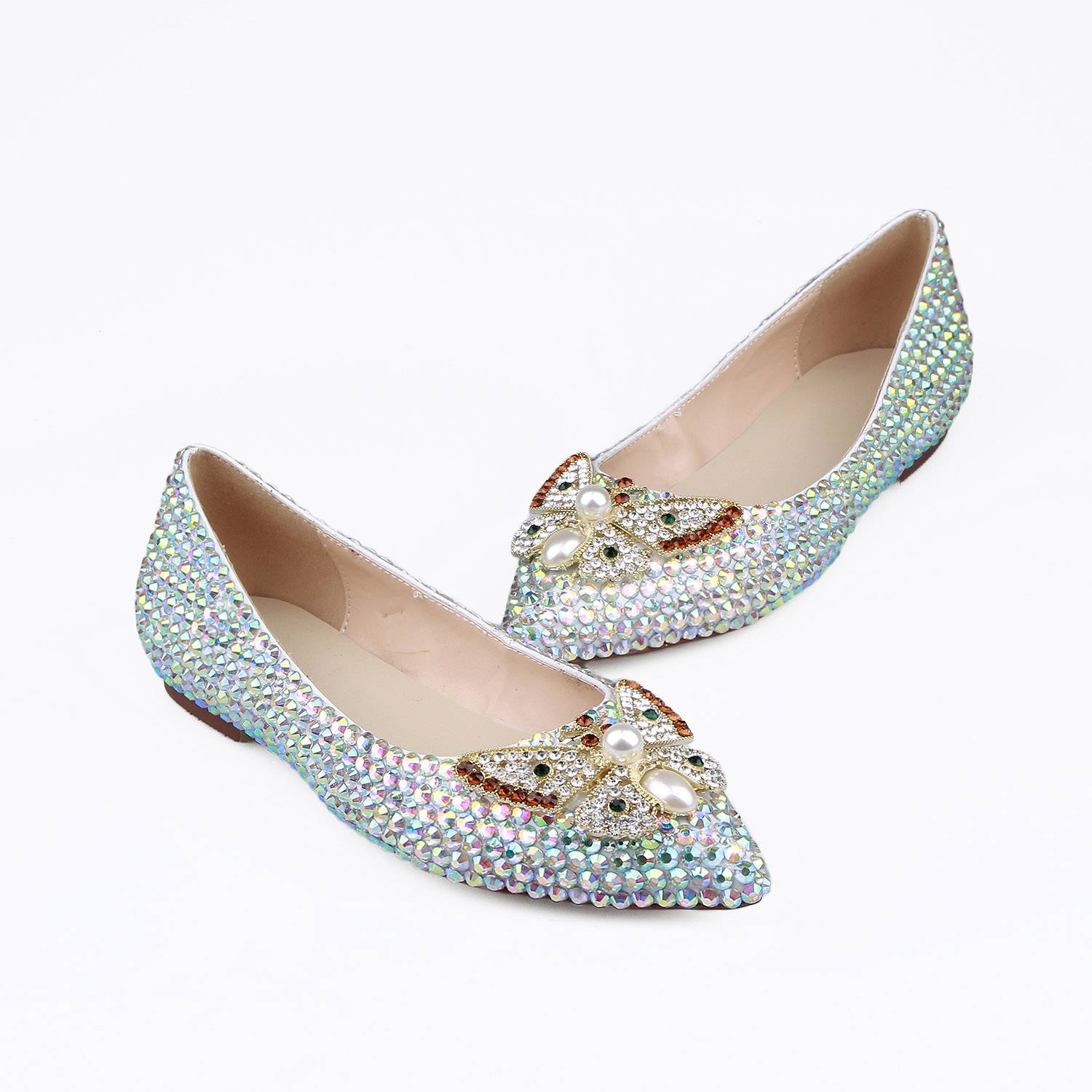 Block Heel Slip-On Pointed Toe Rhinestone Beads Banquet Thin Shoes