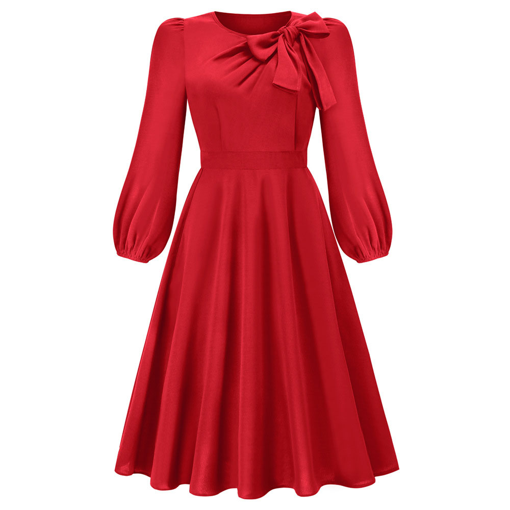 Mid-Calf Bow Collar Bowknot Long Sleeve Pullover Women's Dress