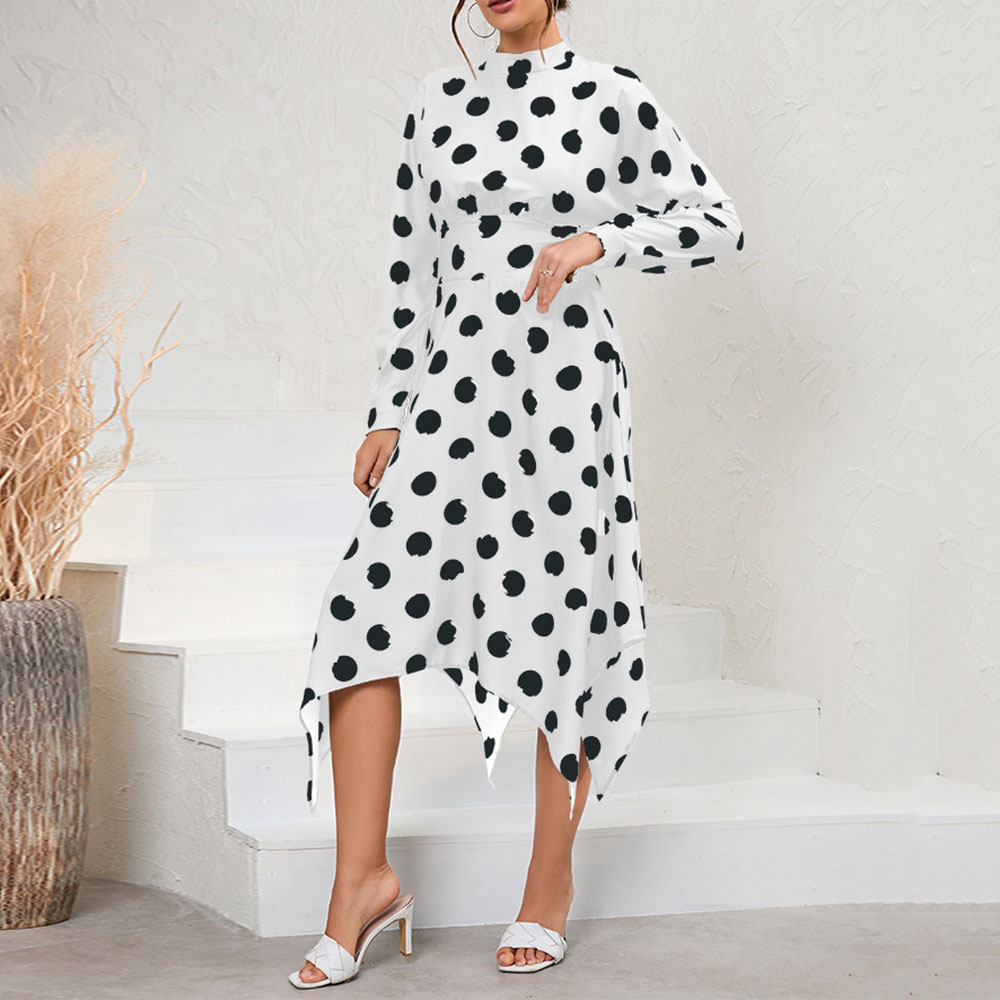 Long Sleeve Print Mid-Calf Stand Collar Regular Women's Dress