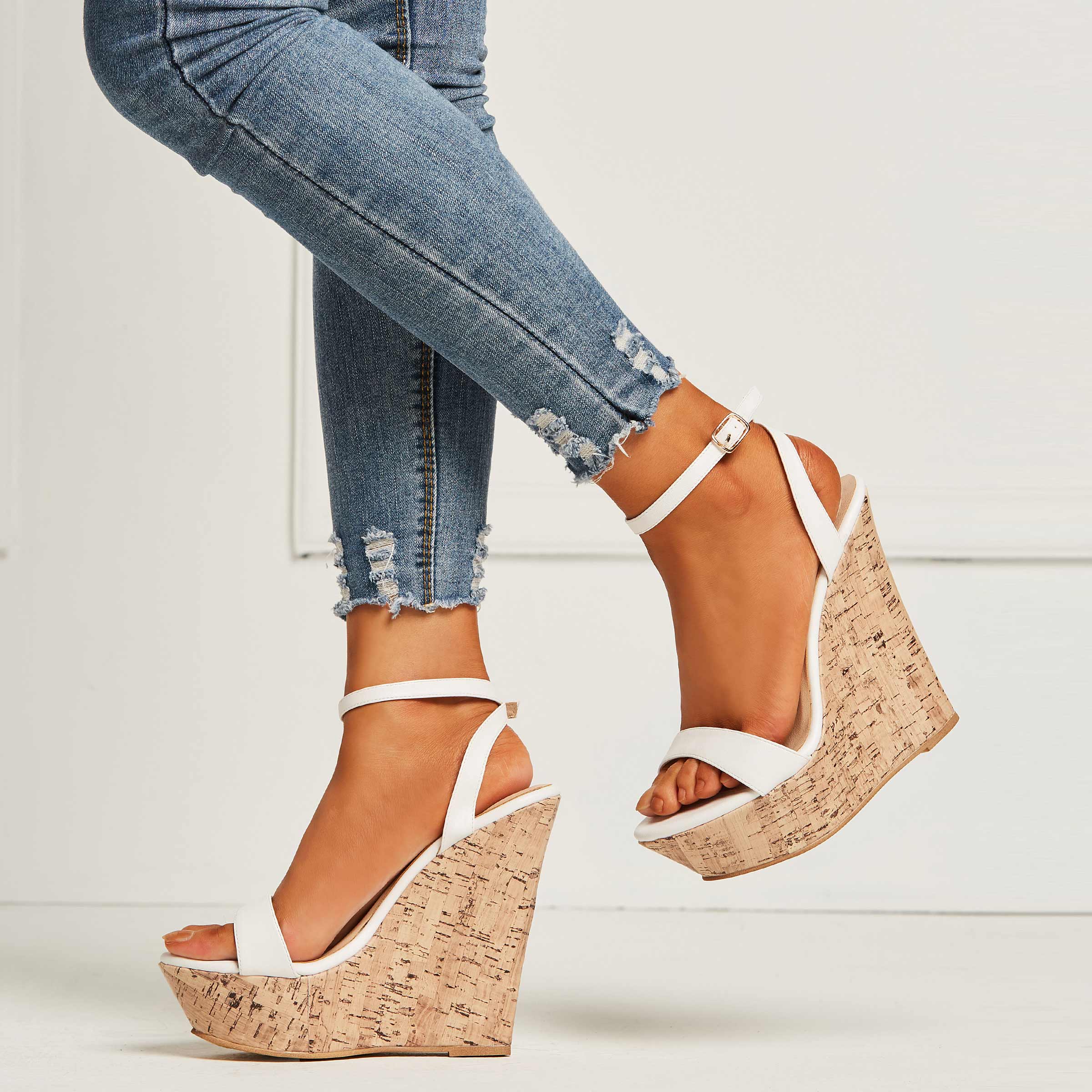 Line-Style Buckle Ankle Strap Open Toe Wedge Heel Plain Sandals