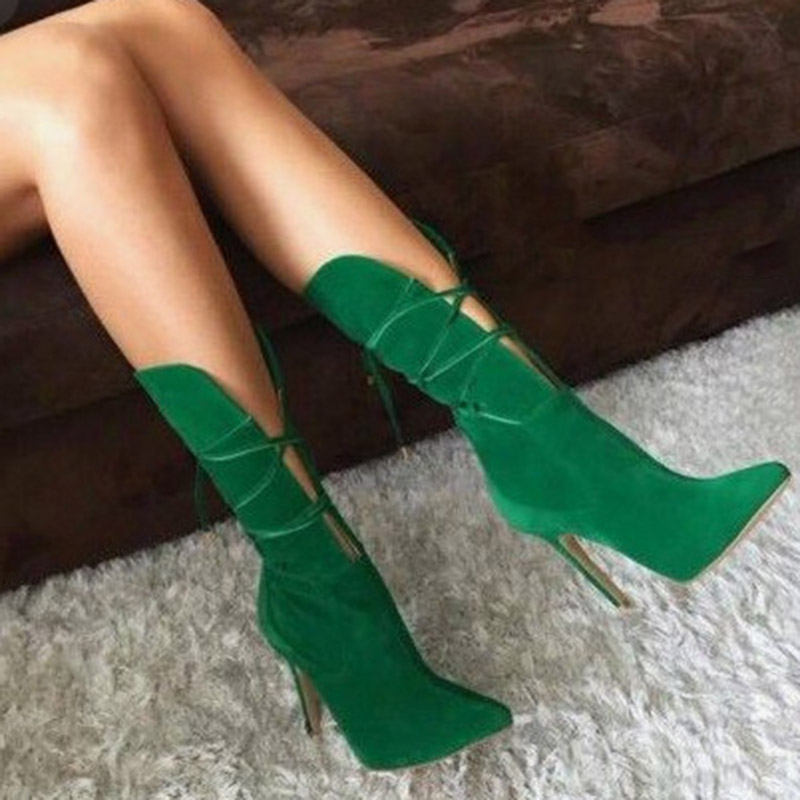 Stiletto Heel Pointed Toe Lace-Up Front Plain Casual Boots