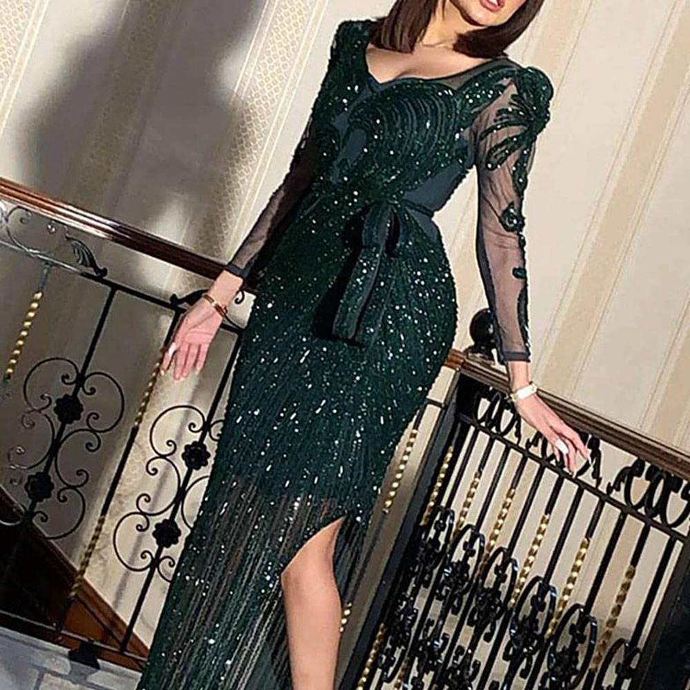 Ankle-Length Nine Points Sleeve V-Neck Mesh Office Lady Women's Dress