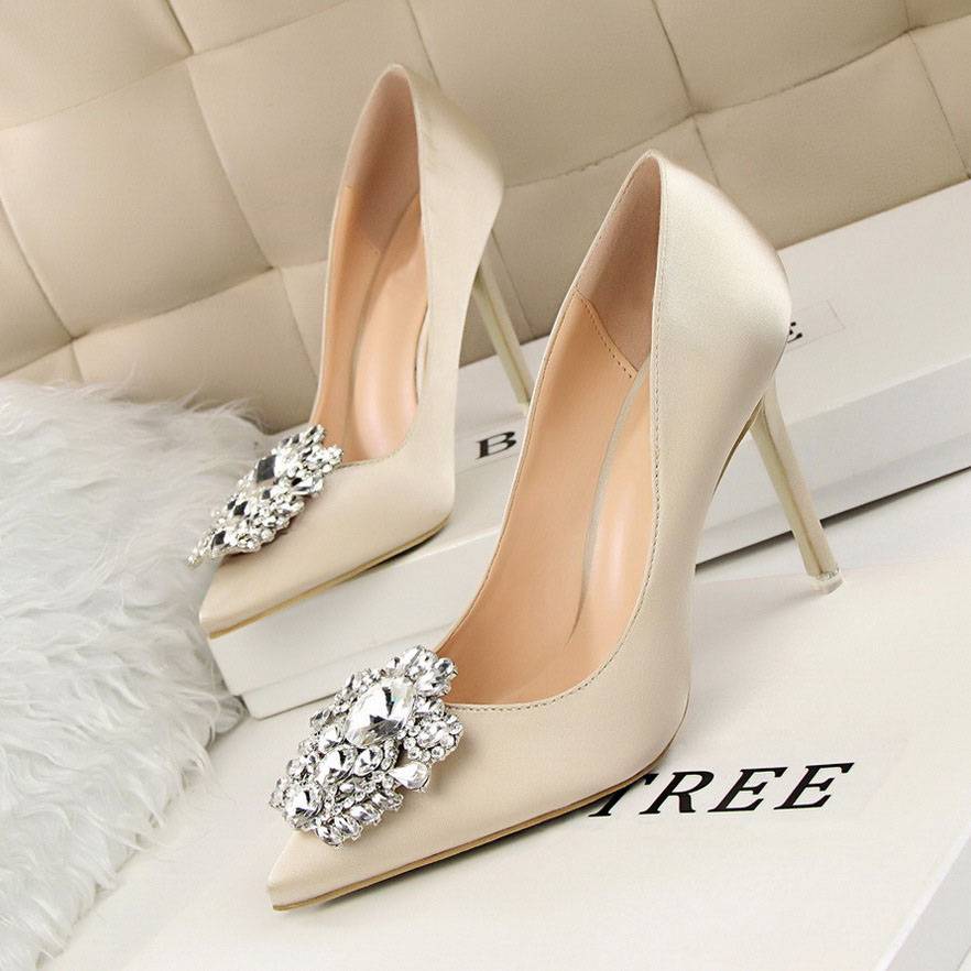 Stiletto Heel Slip-On Rhinestone Pointed Toe Banquet Thin Shoes