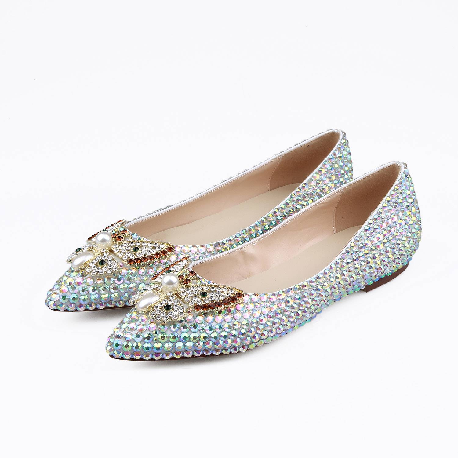 Block Heel Slip-On Pointed Toe Rhinestone Beads Banquet Thin Shoes