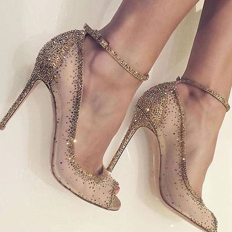Rhinestone Line-Style Buckle Stiletto Heel Peep Toe Plain Thin Shoes