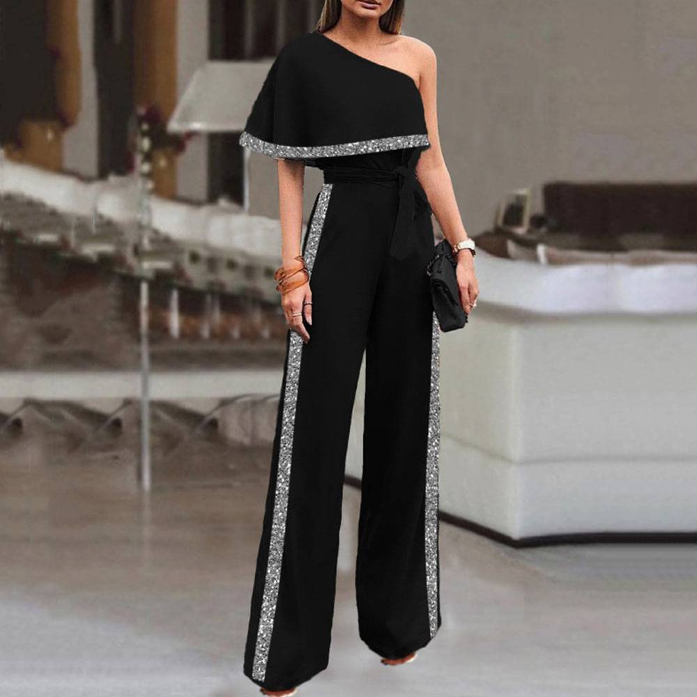 Fashion Color Block Full Length Asymmetric High Waist Women's Jumpsuit