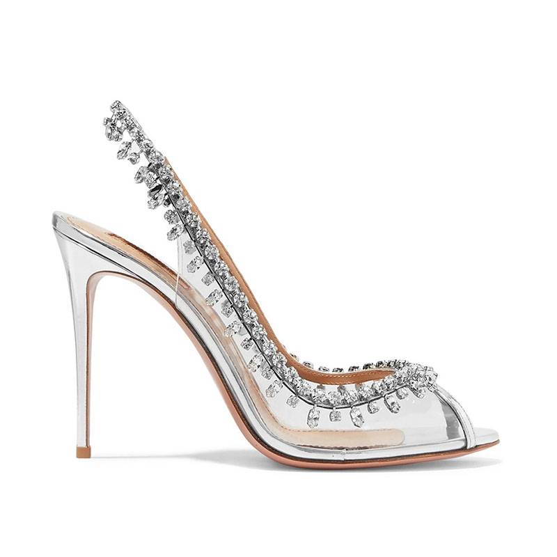 Peep Toe Rhinestone Stiletto Heel Elastic Band Slingback Strap Wedding Sandals
