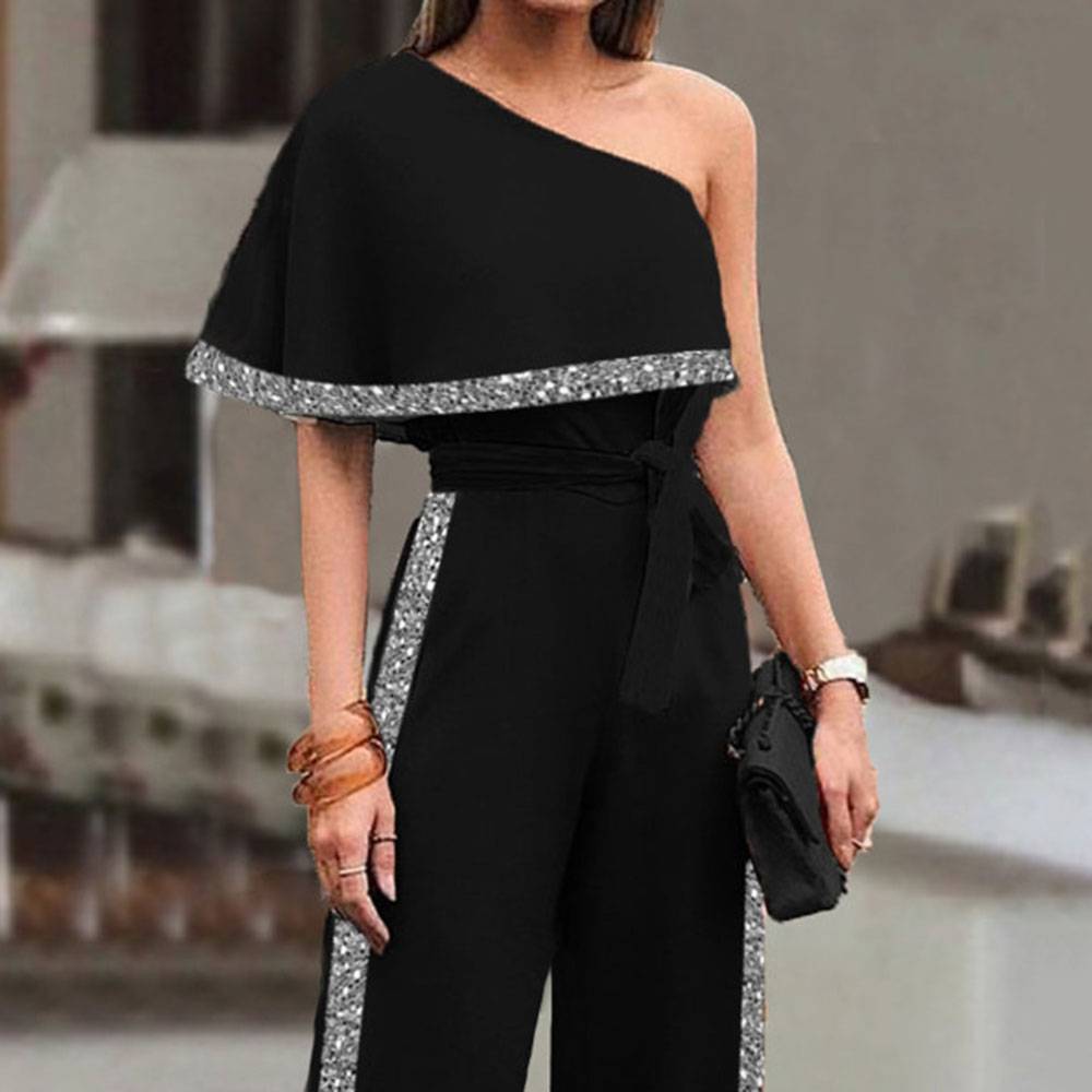 Fashion Color Block Full Length Asymmetric High Waist Women's Jumpsuit