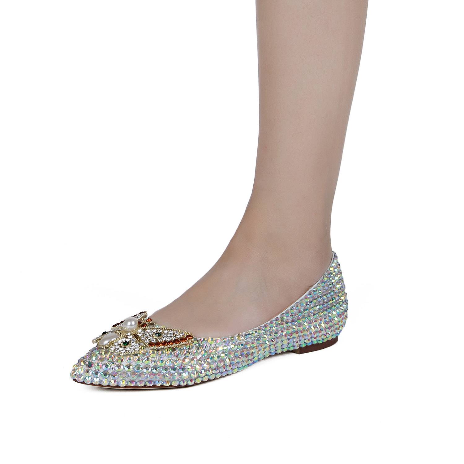 Block Heel Slip-On Pointed Toe Rhinestone Beads Banquet Thin Shoes