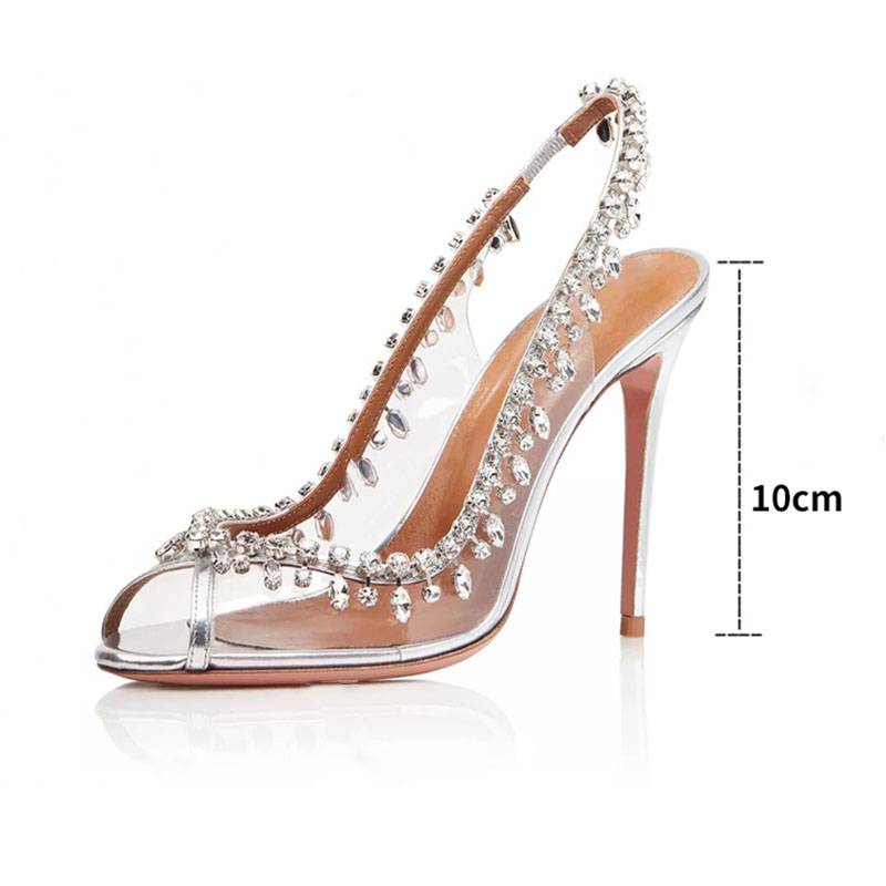Peep Toe Rhinestone Stiletto Heel Elastic Band Slingback Strap Wedding Sandals
