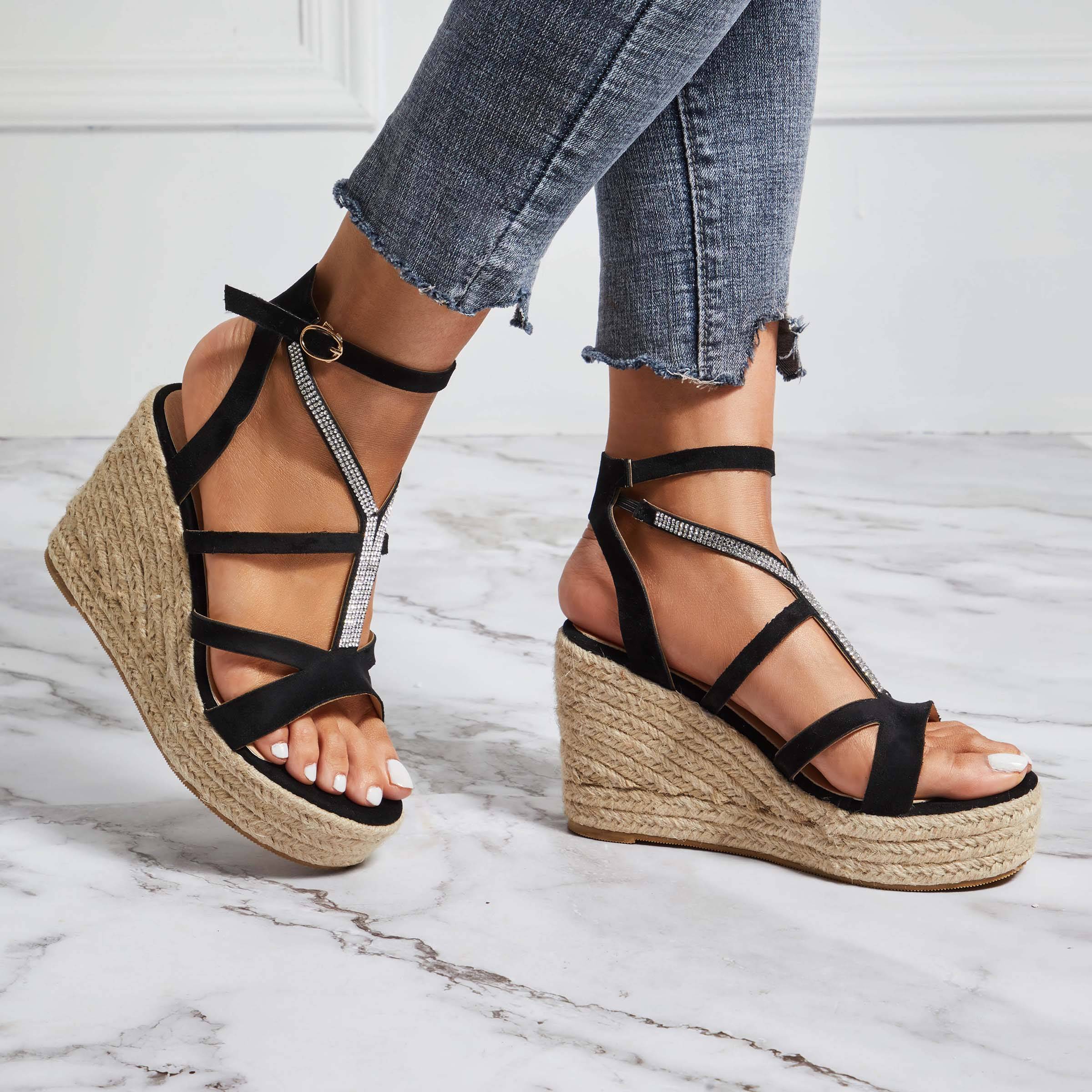 Strappy Open Toe Buckle Wedge Heel Rhinestone Sandals