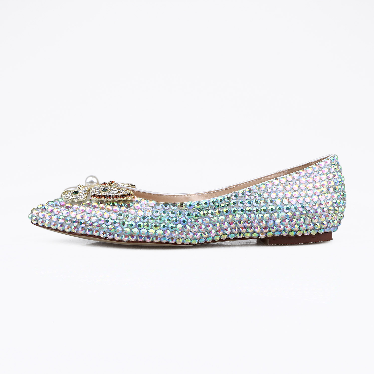 Block Heel Slip-On Pointed Toe Rhinestone Beads Banquet Thin Shoes