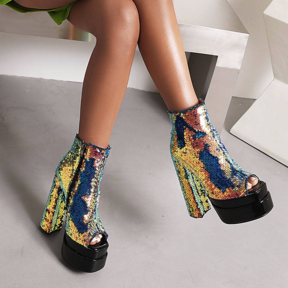 Side Zipper Peep Toe Chunky Heel Sequin Boots