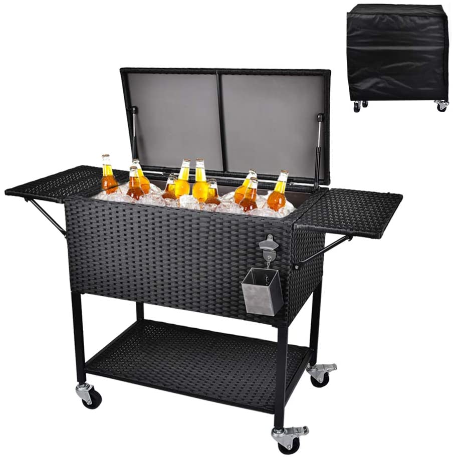 80 Quart Rattan Rolling Cooler Cart, Portable Wicker Cooler Trolley, Backyard Party Drink Beverage Bar