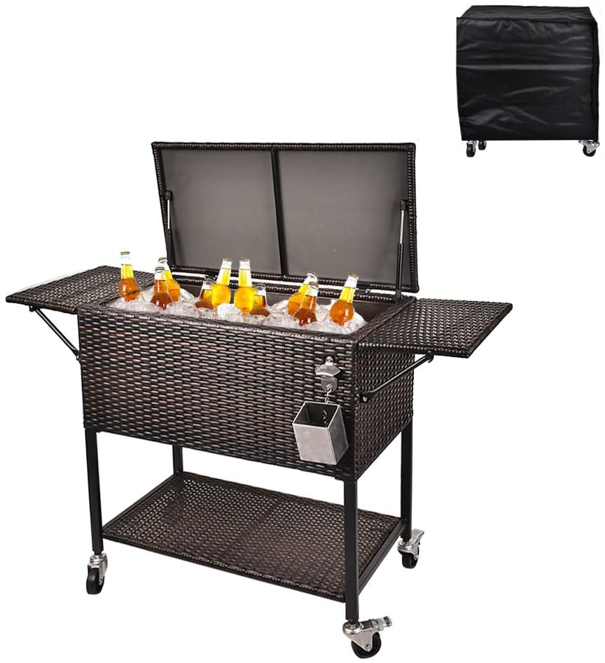 80 Quart Rattan Rolling Cooler Cart, Portable Wicker Cooler Trolley, Backyard Party Drink Beverage Bar