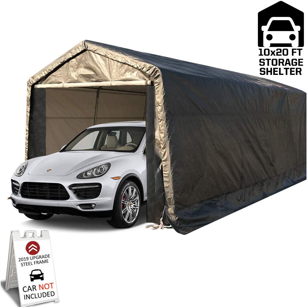 10 x 20-Feet Heavy Duty Carport Portable Garage Enclosed Car Canopy Outdoor Instant Shelter Party Tent with Sidewalls for Auto and Boat Storage, Waterproof and UV-Treated, Grey Peak Top Style