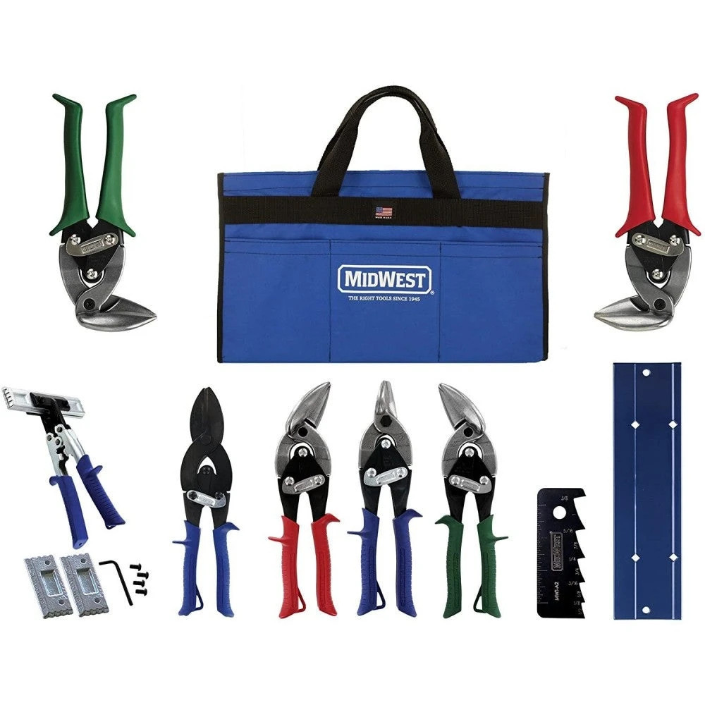 🔥MIDWEST HVAC Tool Kit – 9 Piece Set Includes Aviation Snips with Metalworking Tools & Bag – MWT-HVACKIT03